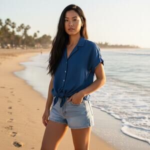 Self Contrast Tencel Button Front Top XS Blue Tie Front Shirt NWT